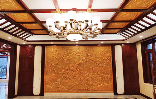 宁波中式别墅客厅中式木作横梁吊顶装饰展示