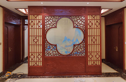 宁波会所室内装修中式仿古实木屏风隔断展示
